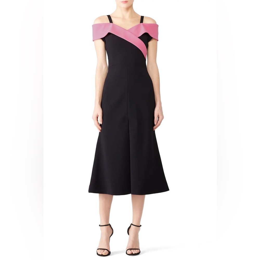 Christian Siriano Cold-Shoulder Midi A-Line Dress Crepe in Black/Pink Size 6